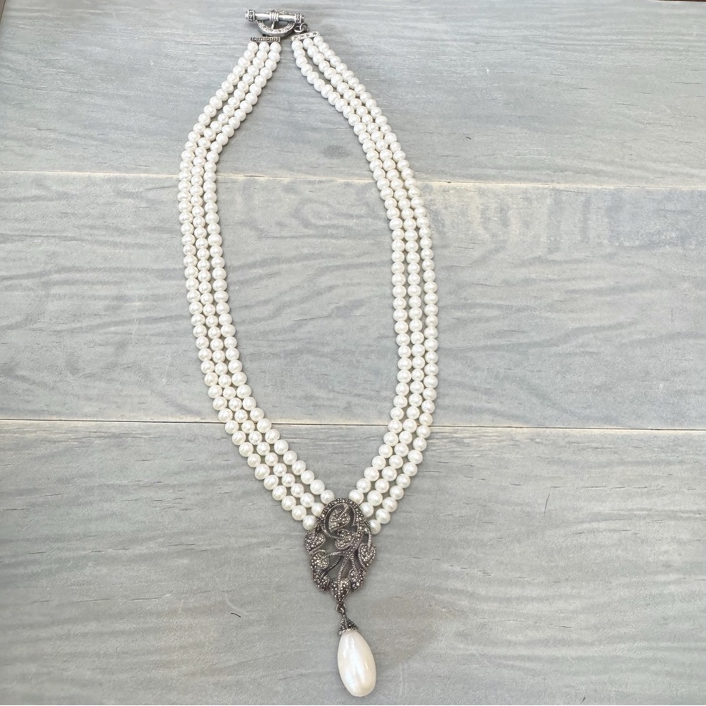 Vintage Cfj Elegant White Pearl Marcasite Necklace Sterling 925 Silver
